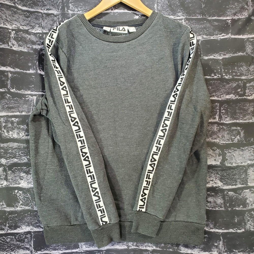 FILA‎ Sweatshirt Mens Large Gray White Fleece Pullover Logo Sports Athleisure